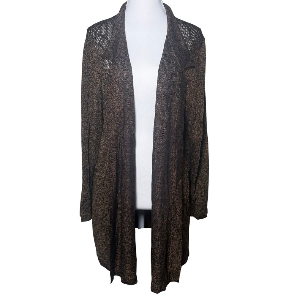 NIC+ZOE Silk Blend Long Drape Cardigan 1X Metallic Pewter Black Brown